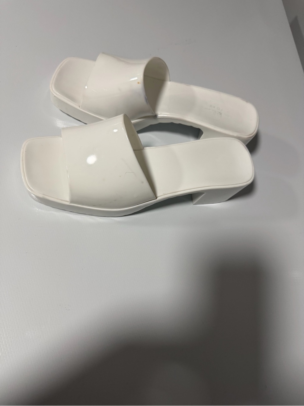 Patent White Slide Mules with Low Block Heel